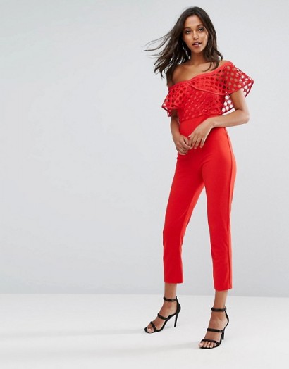 Missguided Frill Lace Bodice Jumpsuit – red bardot jumpsuits – off the shoulder party fashion