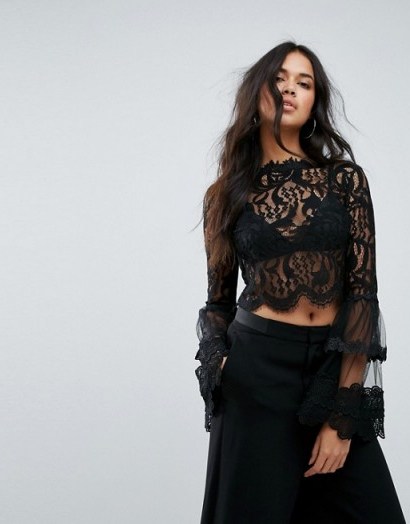 Missguided Lace Crochet Trim Flare Sleeve Blouse ~ sheer black tops - flipped