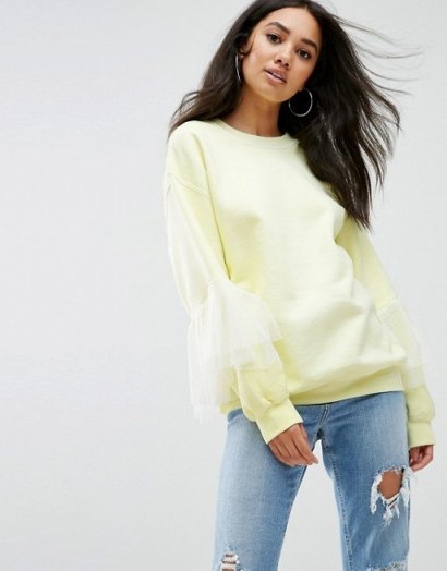 Missguided Oversized Tulle Ruffle Sleeve Sweat Top | yellow sweatshirts - flipped