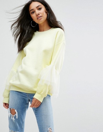 Missguided Oversized Tulle Ruffle Sleeve Sweat Top | yellow sweatshirts
