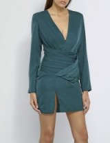 MISSGUIDED V-neck satin mini dress – green front pleat party dresses