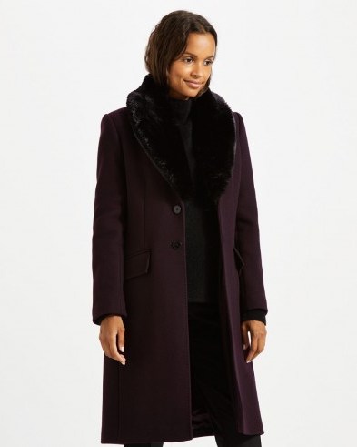 JIGSAW MODERN WOOL FUR COLLAR COAT ~ aubergine winter coats ~ chic outerwear - flipped
