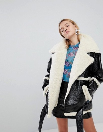 Monki Faux Leather And Shearling Aviator Jacket ~ fur lined jackets - flipped