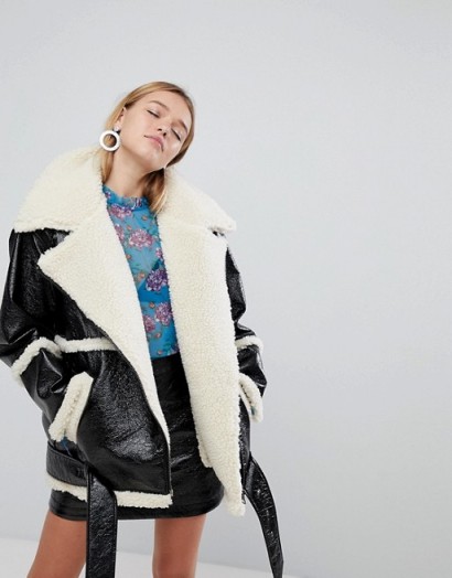 Monki Faux Leather And Shearling Aviator Jacket ~ fur lined jackets