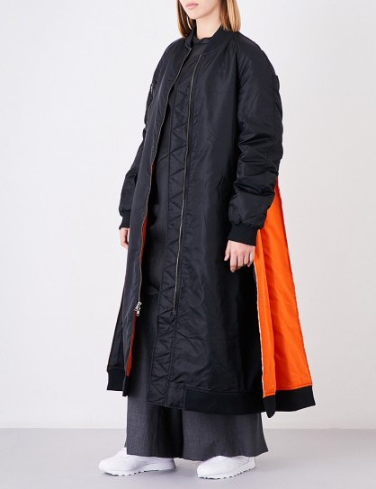 MOOHONG Longline shell bomber coat | long black and orange contemporary coats - flipped
