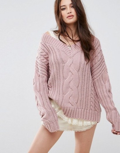 Moon River V Neck Cable Jumper ~ chunky pink jumpers - flipped