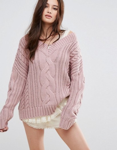 Moon River V Neck Cable Jumper ~ chunky pink jumpers