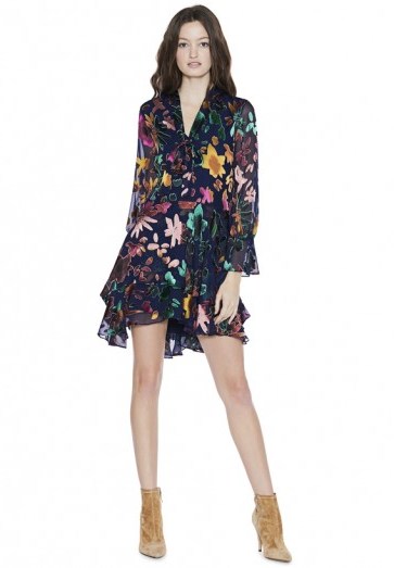 Alice and Olivia MOORE V-NECK TUNIC DRESS / ruffled floral print dresses - flipped