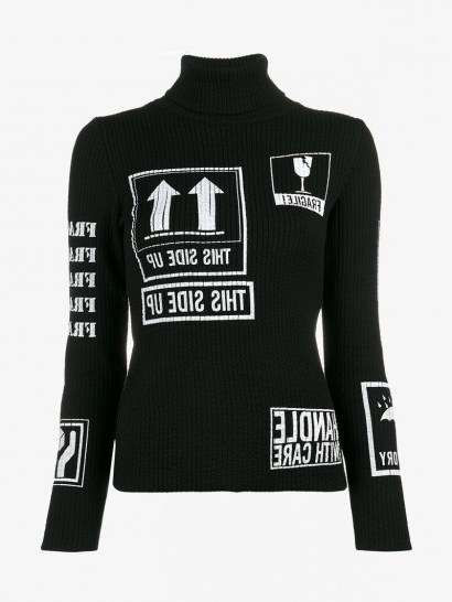 Moschino Graphic Print Ribbed Turtleneck Sweater / black high neck slogan print sweaters - flipped