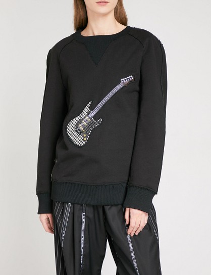 MUNN Guitar-appliqué cotton-jersey sweatshirt | black appliqued sweatshirts | striped back tops