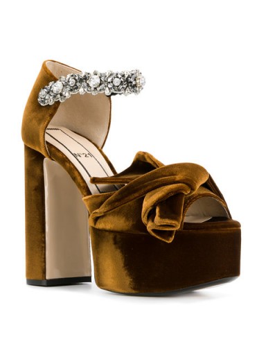 Nº21 abstract bow embellished platform sandals / brown luxe platforms / chunky party heels