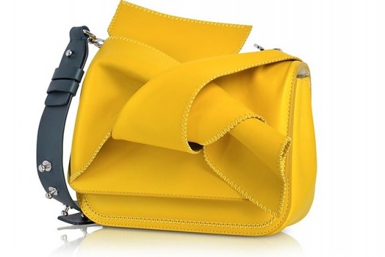 N°21 Small Yellow Leather Bow Shoulder Bag w/Dark Green Leather Shoulder Strap - flipped