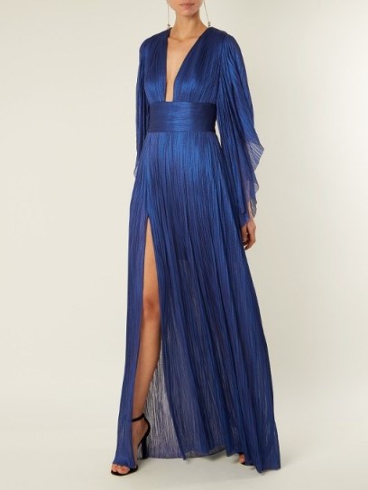 MARIA LUCIA HOHAN Nadina kimono-sleeve pleated tulle gown ~ metallic blue plunge front gowns - flipped