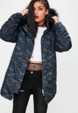 Missguided navy camouflage printed hooded parka jacket | fur hood camo print jackets