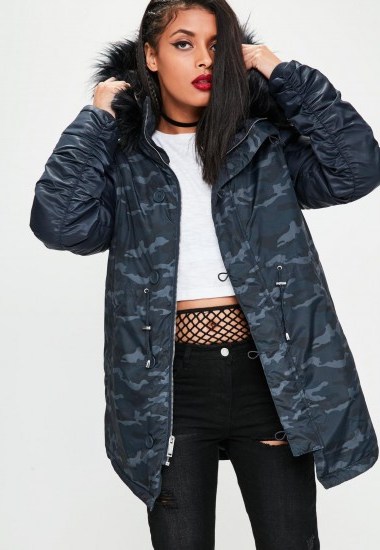 Missguided navy camouflage printed hooded parka jacket | fur hood camo print jackets - flipped