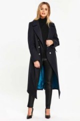 WALLIS Navy Drape Collar Coat | dark blue longline winter coats | effortless style outerwear
