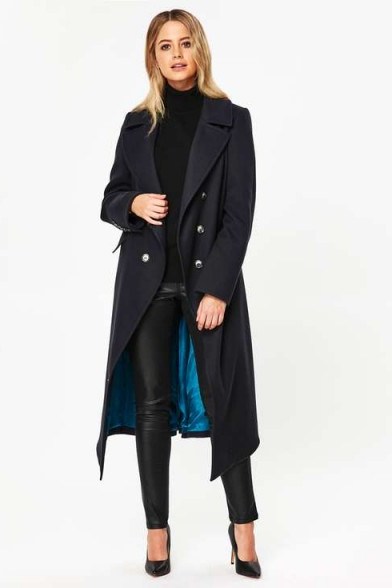 WALLIS Navy Drape Collar Coat | dark blue longline winter coats | effortless style outerwear - flipped
