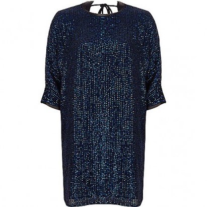 River Island Navy embellished swing T-shirt dress – blue sparkly party dresses - flipped