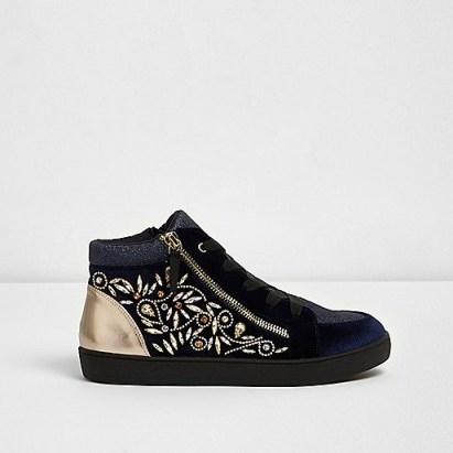 RIVER ISLAND Navy gem embellished lace-up hi top trainers | sports luxe sneakers - flipped