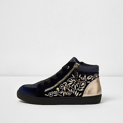 RIVER ISLAND Navy gem embellished lace-up hi top trainers | sports luxe sneakers
