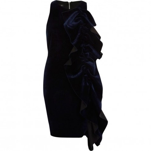 River Island Navy velvet frill front bodycon dress | blue sleeveless ruffled party dresses - flipped