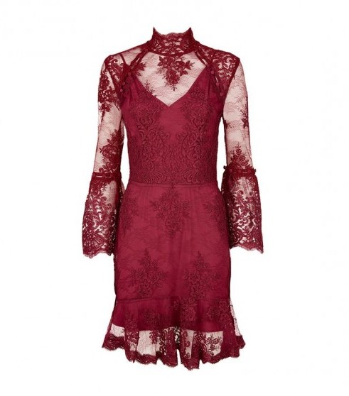 Nicholas Octavia Lace Mini Dress ~ burgundy-red semi sheer high neck dresses - flipped