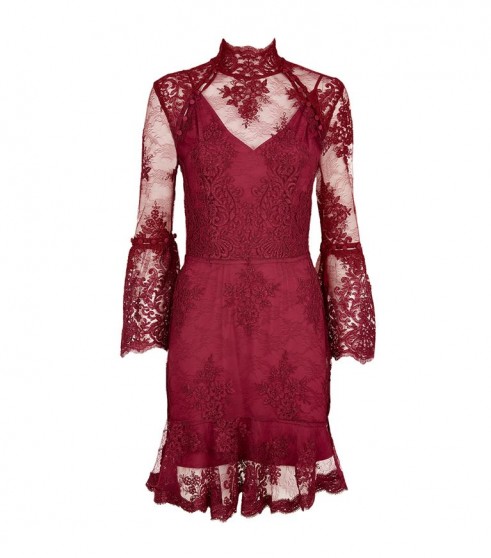 Nicholas Octavia Lace Mini Dress ~ burgundy-red semi sheer high neck dresses
