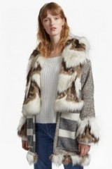 FRENCH CONNECTION NOEMI COATING FAUX FUR TRIM COAT ~ fur and tweed patchwork coats