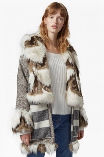 FRENCH CONNECTION NOEMI COATING FAUX FUR TRIM COAT ~ fur and tweed patchwork coats - flipped