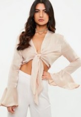 MISSGUIDED nude flared sleeve knotted front blouse