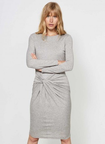 MINT VELVET OATMEAL KNOT FRONT MIDI DRESS / ruched jersey dresses / dress up or down fashion - flipped