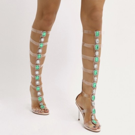 PUBLIC DESIRE OCEAN GREEN AND CLEAR EMBELLISHED PERSPEX KNEE HIGH STILETTO HEELS IN NATURAL | strappy jewelled gladiators - flipped