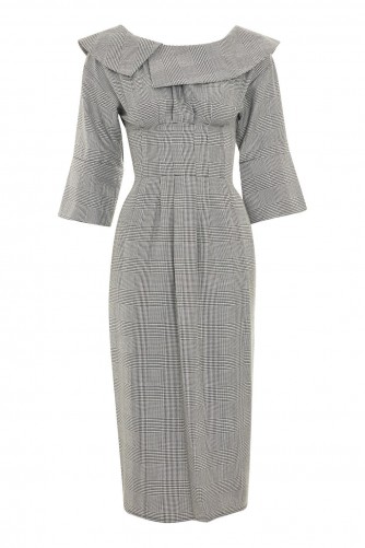 TOPSHOP Off The Shoulder Checked Midi Dress / monochrome check print bardot dresses / vintage style