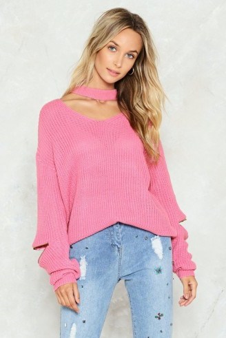Nasty Gal Our Zips Are Sealed Choker Sweater ~ pink slouchy rib knit sweaters - flipped