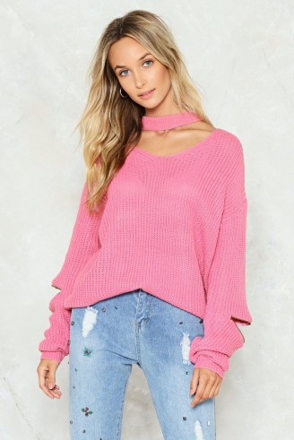 Nasty Gal Our Zips Are Sealed Choker Sweater ~ pink slouchy rib knit sweaters