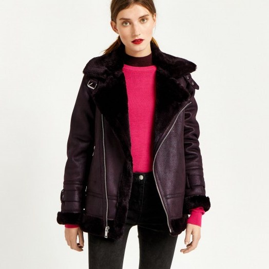Warehouse OVERSIZED BIKER JACKET – berry-red faux fur lined jackets - flipped