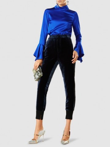 APER LONDON‎ Rufus High Neck Silk Blouse ~ blue silky fluted cuff blouses ~ luxury style tops - flipped