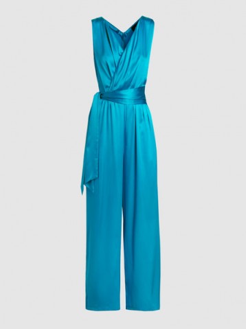 PAPER LONDON‎ Takana Silk-Blend Sleeveless Wrap Jumpsuit ~ blue silky tie waist jumpsuits