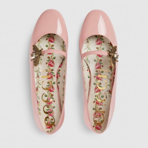 GUCCI Pink patent leather ballet flat with bee | embellished flats - flipped