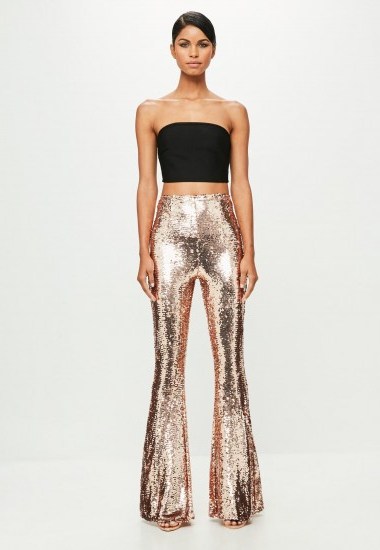 Missguided peace + love gold sequin trousers – glamorous glittering flares - flipped