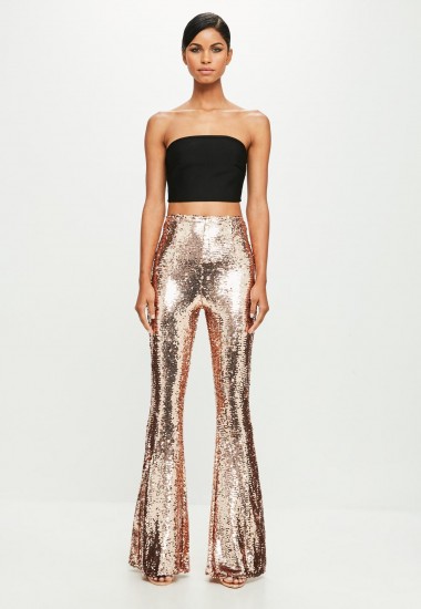 Missguided peace + love gold sequin trousers – glamorous glittering flares