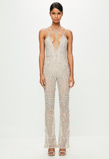peace + love nude strappy embellished wide leg jumpsuit | luxe plunging front jumpsuits - flipped