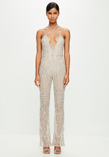 peace + love nude strappy embellished wide leg jumpsuit | luxe plunging front jumpsuits