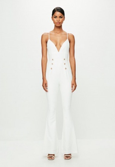 MISSGUIDED peace + love white strappy double button flared jumpsuit | plunge front jumpsuits | plunging necklines - flipped