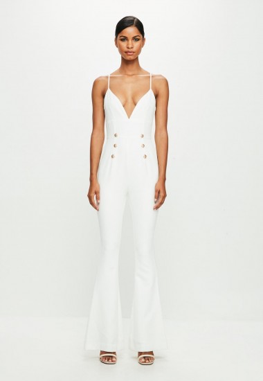 MISSGUIDED peace + love white strappy double button flared jumpsuit | plunge front jumpsuits | plunging necklines