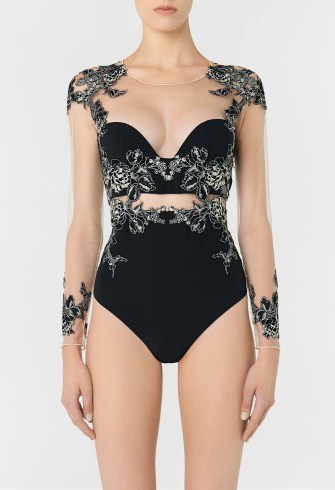LA PERLA PEONY Black bodysuit in embroidered stretch tulle and silk georgette – semi sheer luxury bodysuits – luxurious lingerie/tops - flipped
