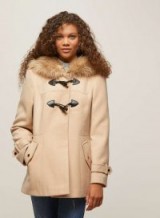 Miss Selfridge PETITE Stone Duffle Coat | hooded winter coats | faux fur trim hood