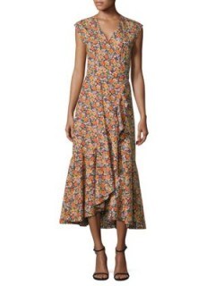 Julianne Hough sleeveless orange and lilac floral print dress, Rebecca Taylor Moonlight-Print Poplin Ruffle Wrap Dress, at Universal Citywalk, 3 October 2017. Celebrity dresses | star style fashion - flipped