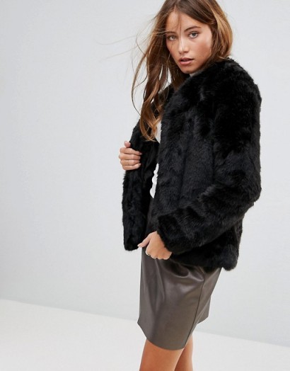Pimkie Collarless Faux Fur Coat – soft black jackets