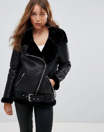 Pimkie Leather Look Aviator Jacket – black faux fur lined zip up jackets